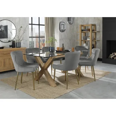Clear Glass Dining Table Set X Oak Legs 6 Grey Velvet Chairs