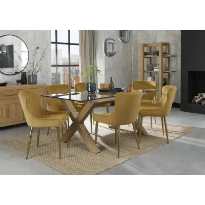 Glass Top 6 Yellow Velvet Chairs Dining Table Set