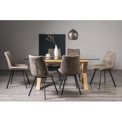 Glass Dining Table Set X Oak Legs 6 Tan Brown Suede Chairs