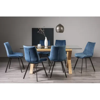 Clear Glass Dining Table Set Oak Legs 6 Blue Velvet Chairs