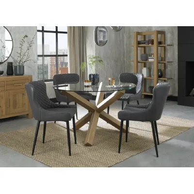 Oak Glass Top Round Dining Table Set 4 Grey Leather Chairs