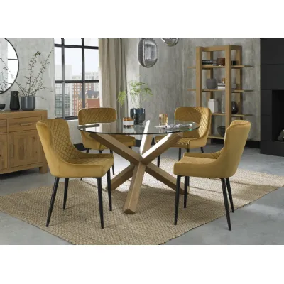Oak Glass Round Dining Set 4 Yellow Velvet Fabric Chairs