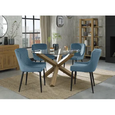 Glass Round Dining Table Set Oak Legs 4 Blue Velvet Chairs