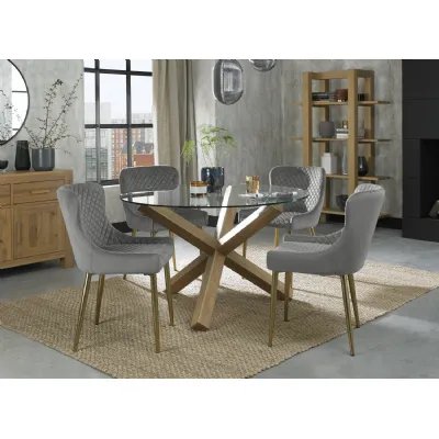Glass Round Dining Table Set 4 Grey Velvet Fabric Chairs
