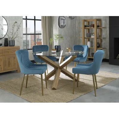 Glass Top Round Dining Table Set 4 Blue Velvet Fabric Chairs