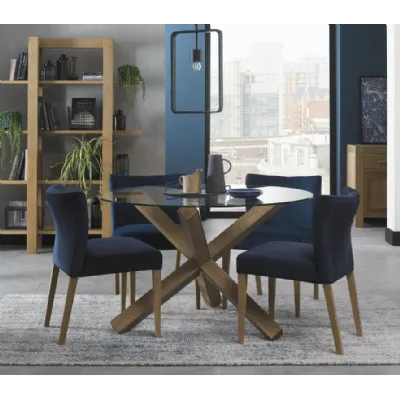 Light Oak Glass Round 4 Seater Dining Set 4 Blue Chairs