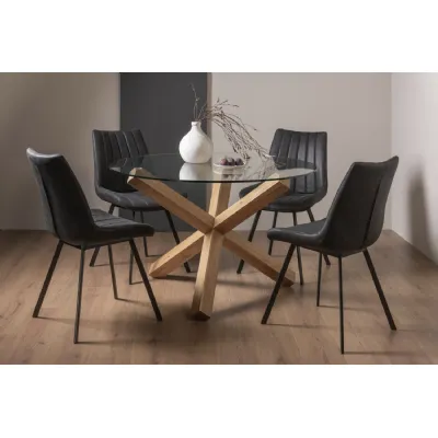 Oak Glass Round Dining Table Set 4 Grey Leather Chairs
