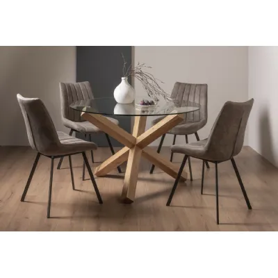 Round Clear Glass Dining Table Set 4 Tan Brown Suede Chairs