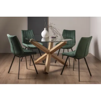 Light Oak Glass Round Dining Set 4 Green Fabric Chairs