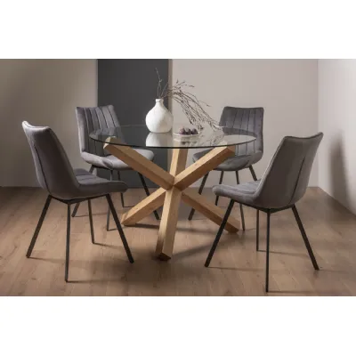 Round Dining Table 4 Grey Velvet Fabric Chairs Dining Set