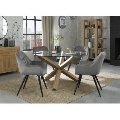 Oak Glass Round Dining Table Set 4 Grey Velvet Chairs