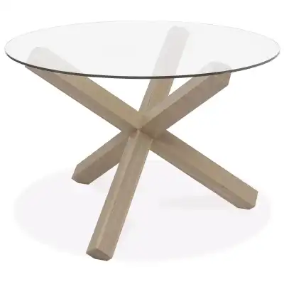 Light Oak X Base Round Glass Top Dining Table