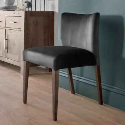 Pair of Dark Grey Velvet Dining Chairs Dark Oak Legs