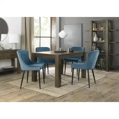 Dark Oak Extending Dining Set Table 4 Blue Velvet Chairs