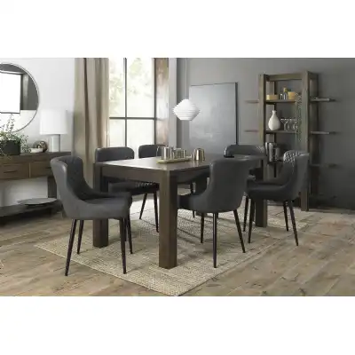 Dark Oak Table and 6 Dark Grey Leather Chairs Dining Set