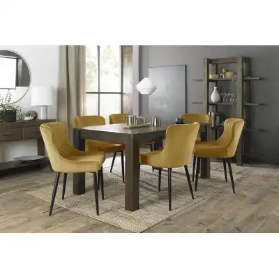 Dark Oak Dining Table Set 6 Yellow Velvet Chairs