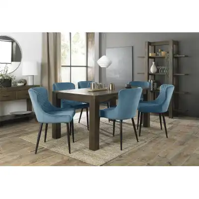 Dark Oak 8 Seater Table And 6 Blue Velvet Chairs Dining Set