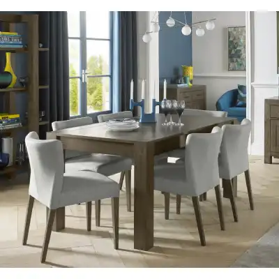 Dark Oak Dining Table 6 Low Back Chairs Grey Fabric
