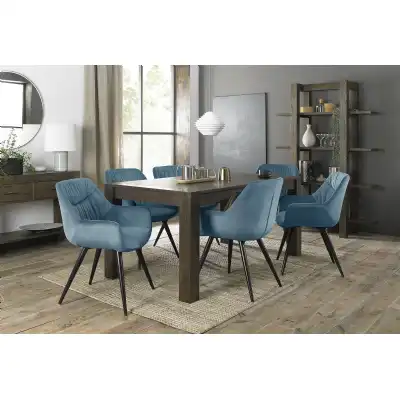 Dark Oak Extending Dining Table Set 6 Blue Fabric Chairs