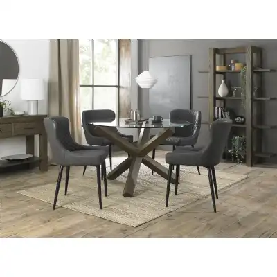 Glass Round Dining Table Set 4 Grey Leather Chairs