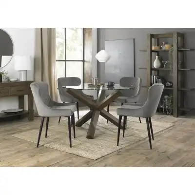 Clear Glass Small Round Dining Set 4 Grey Velvet Chairs
