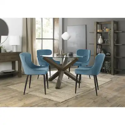 Dark Oak Clear Glass Small Dining Set 4 Blue Velvet Chairs