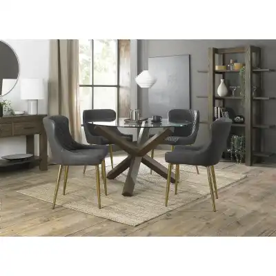 Clear Glass Round Dining Set 4 Dark Grey Leather Chairs