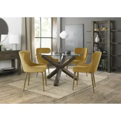 Clear Glass Round Dining Set 4 Yellow Velvet Fabric Chairs