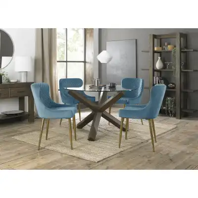 Glass Round Dining Set 4 Blue Velvet Fabric Chairs