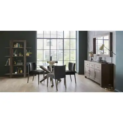 Oak Glass Top Round Dining Table Set 4 Grey Velvet Chairs
