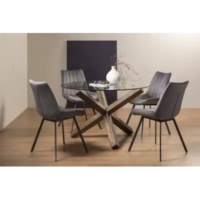 Dark Oak Round Dining Table Set 4 Grey Velvet Chairs