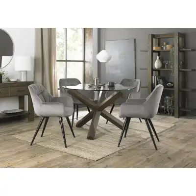 Light Oak Glass Round Dining Table Set 4 Grey Velvet Chairs
