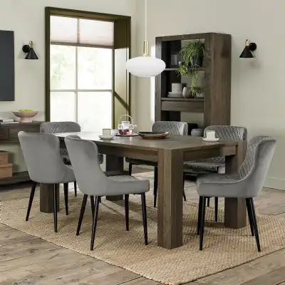 Dark Oak Extending Dining Table Set 6 Grey Velvet Chairs