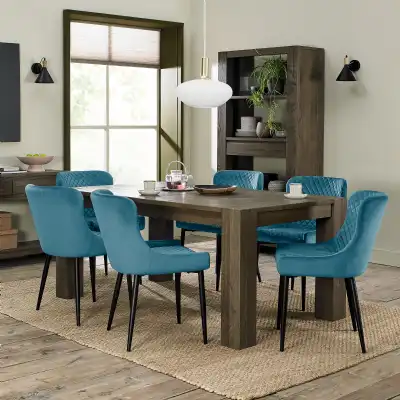Dark Oak Extending Dining Table Set 6 Blue Velvet Chairs