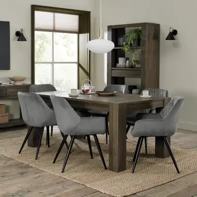 Fumed Oak 8 Seater Dining Table Set 6 Grey Velvet Chairs
