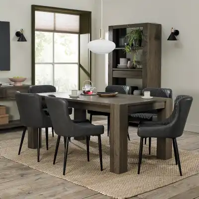 Dark Oak 180cm Dining Table Set 6 Dark Grey Leather Chairs