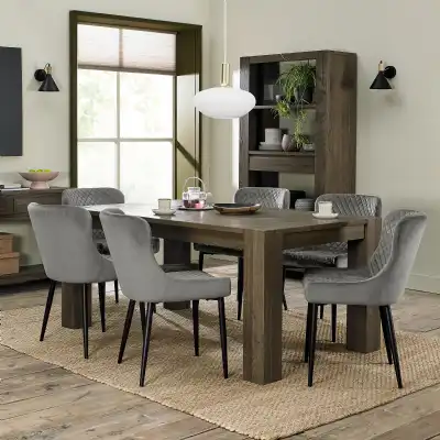Dark Oak 180cm Dining Table Set 6 Grey Velvet Fabric Chairs
