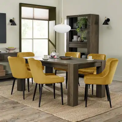 Dark Oak Dining Table Set 6 Yellow Velvet Fabric Chairs