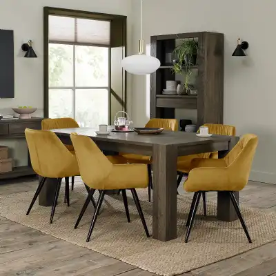 Dark Oak Dining Table Set 6 Yellow Velvet Fabric Chairs