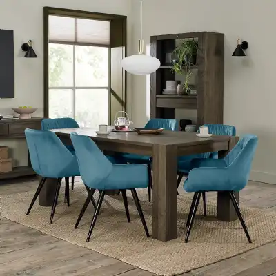 Dark Oak Dining Table Set 6 Blue Velvet Fabric Chairs