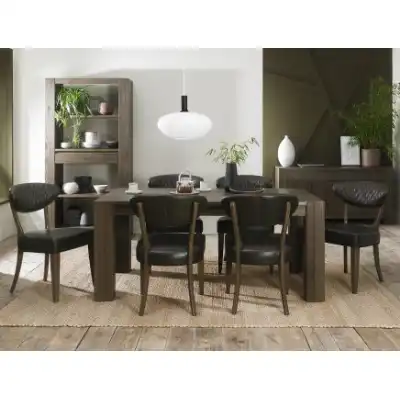 Dark Oak 6 Seater Dining Table Set 6 Grey Leather Chairs