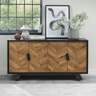Retro Rustic Oak and Peppercorn Wide Sideboard Cabinet