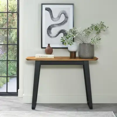 Retro Rustic Oak Console Table with Peppercorn Metal Base