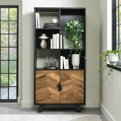 Retro Rustic Oak and Peppercorn Shelving Display Cabinet