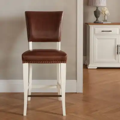 Ivory Painted Bar Stool Tan Brown Leather