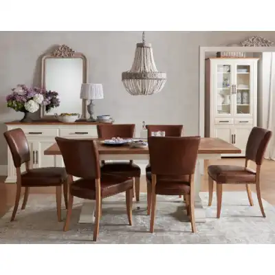2 Tone Dining Table 6 Rustic Oak Chairs in Tan Leather