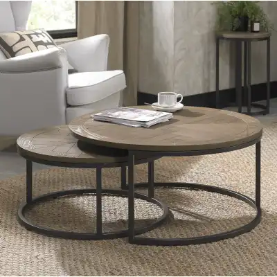 Chevron Weathered Ash Round Nest of Coffee Tables