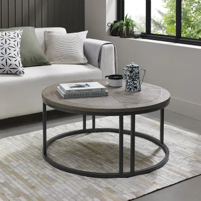 Silver Grey Wood Top Round Coffee Table Metal Base