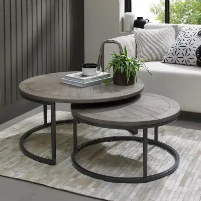 Silver Grey Wood Round Nest of 2 Coffee Tables