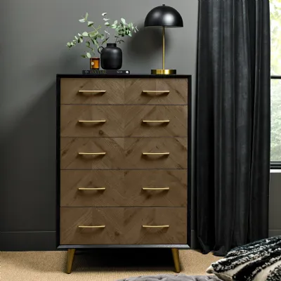 Oak Chevron Patterned Chest of 5 Drawers